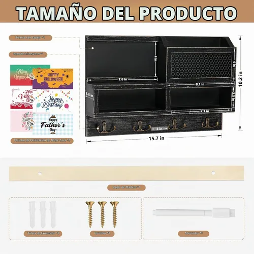 Vista 5 de Soporte de pared para llaves, correo de madera y organizador de llaves con pizarra y espejo, 3 tarjetas de felicitación, 8 ganchos, color negro
