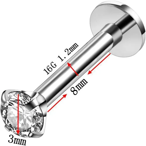 Vista 3 de Piercing de labio de 16 G con circonita cúbica de color mixto para labret Monroe nariz, tragus hélice para oreja, joyería de acero inoxidable