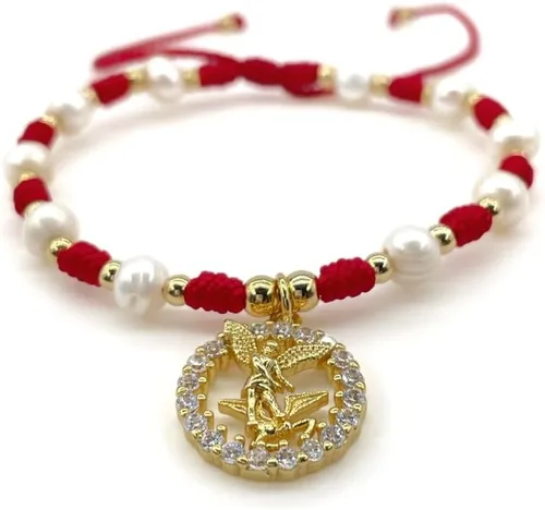 Vista 2 de Medalla colgante de arcángel de San Miguel en cordón ajustable de marfil y perlas de agua dulce pulsera ajustable