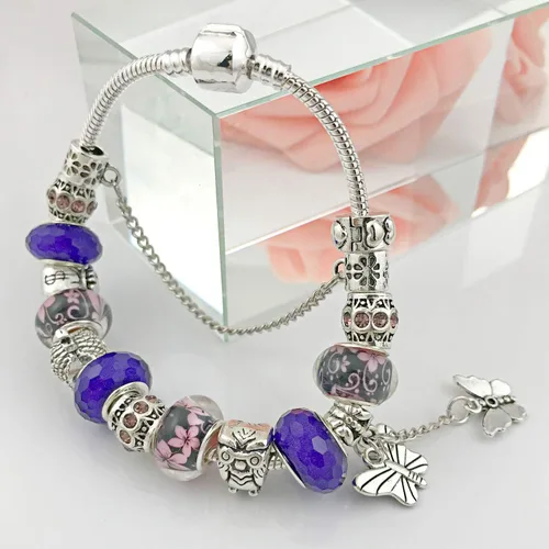 Vista 4 de Butterfly Charms Bracelet for Women Murano Glass Beads Flower DIY Charms Bracelets Birthday Gifts