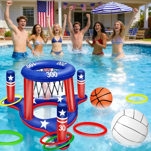 Vista 3 de Grandes juegos inflables de piscina, red de voleibol y aro de baloncesto con 2 pelotas de playa, bandera estadounidense, juguetes de agua