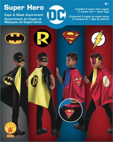 Vista 3 de Rubies Juego de capa de superhéroe exclusivo de Amazon con licencia oficial de DC Comics, surtido de 4 capas, 3 máscaras y 1 pieza en el pecho