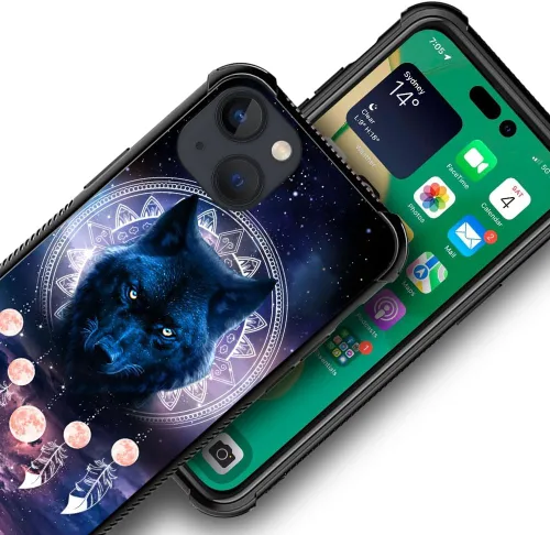 Vista 7 de CARLOCA Funda compatible con iPhone 14, funda Wolf Nebula Moon para iPhone 14, ultra protección, a prueba de golpes, de silicona suave, TPU Lobo