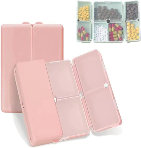 Vista 6 de Pastillero portátil con 7 compartimentos, organizador de píldoras plegable para viajes, pastillero diario portátil, farmacia de bolsillo con Beige