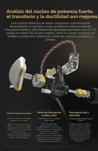 Vista 3 de CCA C12 Monitores intrauditivos, audífonos IEM HiFi estéreo híbridos 5BA+1DD con aislamiento de ruido con cable con cable desmontable sin enredos