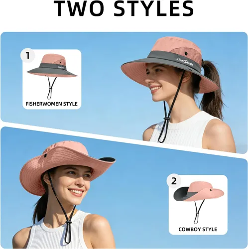 Vista 9 de Rosoz Sombreros de cola de caballo para mujer, protección UV, ala ancha 1 paquete-negro