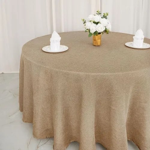 Vista 2 de Balsa Circle Mantel redondo natural de arpillera sintética de 120 pulgadas, recepción, boda, recepción, fiesta, eventos, decoración de catering