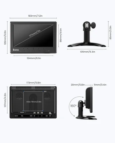 Vista 6 de Eyoyo Monitor Mini 7 Pulgadas Pequeno Monitor HDMI 1024x600 Pantalla LCD HDMI AV VGA BNC USB Entrada para NVR Cámara de Seguridad CCTV Cámara