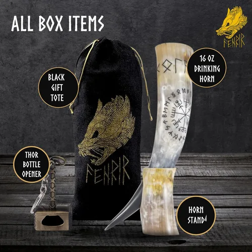 Vista 2 de FENRIR Cuerno vikingo para beber de 16 oz con soporte y abridor para cerveza, ale, mead, regalo para hombres y mujeres 100% auténtico hecho a mano