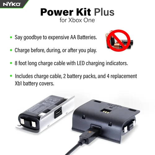 Vista 4 de Nyko Xbox One Power Kit Plus - Rechargeable Battery Kit with 2 Batteries, Black & White Covers, 8-foot Micro-USB Charge Cable - Ultimate Xbox