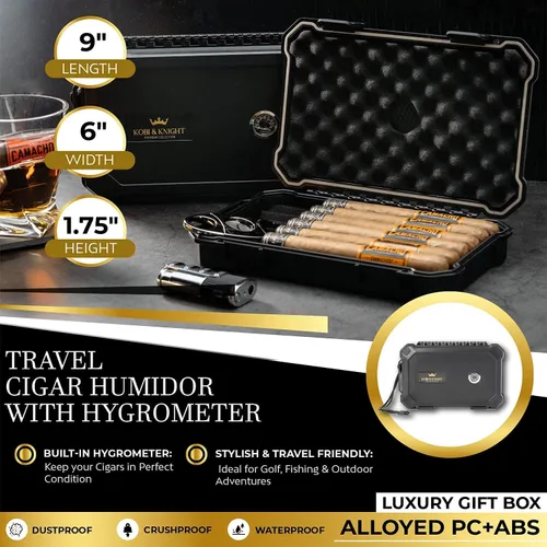 Vista 3 de Kobi & Knight Humidor de cigarros de viaje con higrómetro, estuche para puros de 6 x 8 pulgadas, cigarros portátiles a prueba de agua y polvo, kit