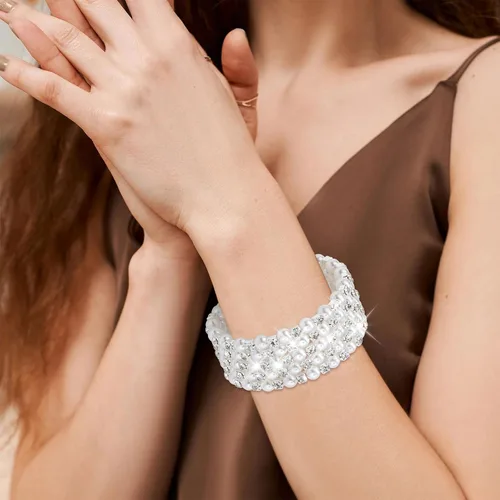 Vista 4 de Long tiantian Juego de pulseras de perlas para mujer, pulsera de diamantes de imitación de cristal multicapa, brazaletes con cuentas elásticas
