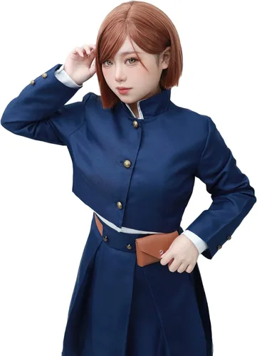 Vista 7 de C-ZOFEK Uniforme Nobara de cosplay de talla estadounidense con cinturón, bolsa, abrigo, falda, trajes de anime