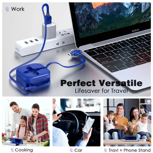 Vista 4 de Cable de Carga Múltiple de 4.5A, 4 Pies/Paquete de 2 Cargadores Múltiples para Todos los Dispositivos Cable Retráctil 3 en 1 para Automóvil Cable