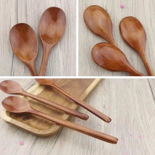 Vista 4 de Cucharas de madera coreanas de 9 pulgadas para comer, 6 cucharas pequeñas Marrón