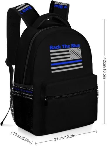 Vista 2 de Volver The Blue Police Line Mochila para portátil con bandera de EE. UU., bolso de hombro de moda, mochila de viaje para hombres y mujeres