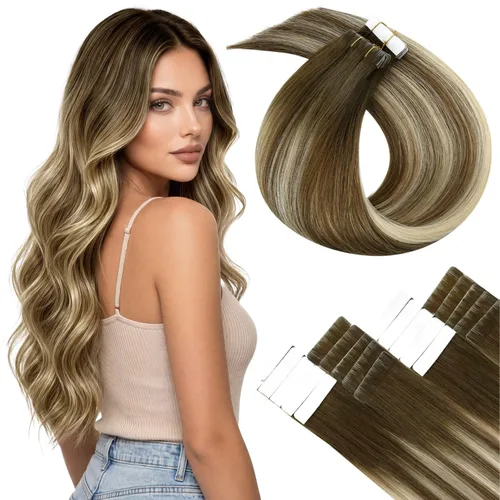 Vista 25 de LaaVoo - Extensiones de cabello humano con cinta adhesiva, color marrón a rubio ceniza, extensiones de cabello humano real, cintas en extensiones