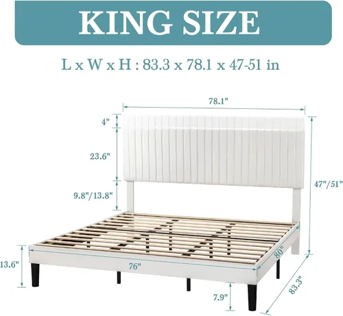 Vista 2 de HOOMIC Base de cama de plataforma tamaño King, cama tapizada de terciopelo moderno con cabecera capitoné de canal vertical ajustable, soporte