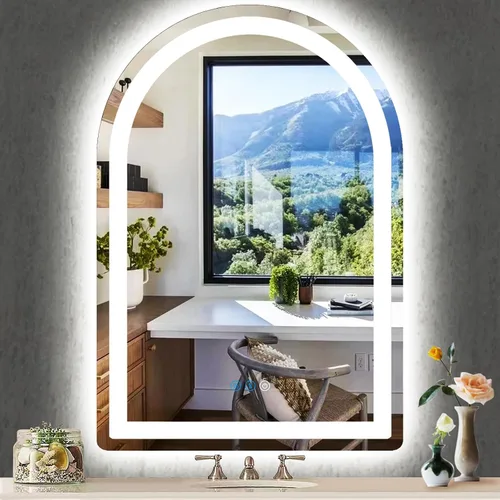 Vista 9 de Espejo de arco LED de 30 x 20 pulgadas con luces antiniebla de 3 colores ajustables con brillo frontal de 30 pulgadas para baño, montaje en pared