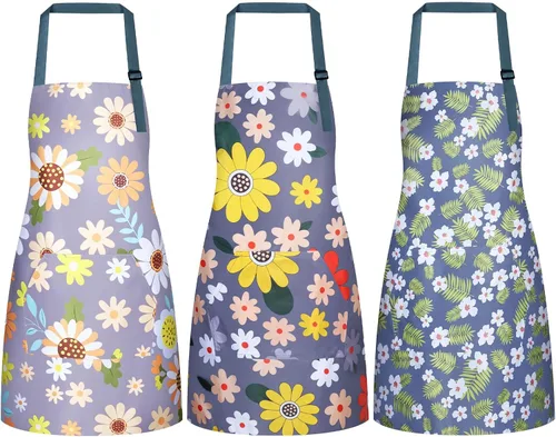 Vista 12 de Paquete de 3 delantales florales impermeables para mujer, correa ajustable con bolsillo, multiusos para cocina, arte, jardín