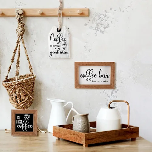 Vista 2 de 3 piezas de letrero decorativo para barra de café, letrero de madera "But First Coffee", mini letrero de granja rústica para pared, placa de arte