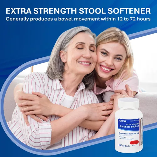 Vista 3 de MAJOR Docusate Sodium 250 mg, laxante suavizante de heces extra fuerte para alivio ocasional del estreñimiento, sin estimulantes, 100 cápsulas