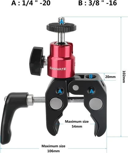 Vista 2 de CAMVATE Abrazadera universal de agarre de cangrejo con perilla de tornillo reforzada + soporte de cabeza de bola ajustable de 1/4 "-20 (rojo) - 2882