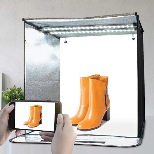 Vista 10 de Bower Caja de luz portátil de estudio de 24 pulgadas para teléfonos inteligentes, réflex digitales y cámaras compactas, diseño plegable