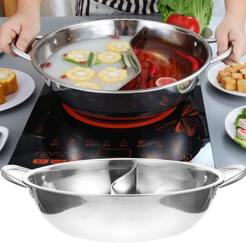Vista 8 de Sartén antiadherente Olla caliente de doble sabor con divisor de acero inoxidable olla caliente de doble cara para estufa de inducción estufa de gas