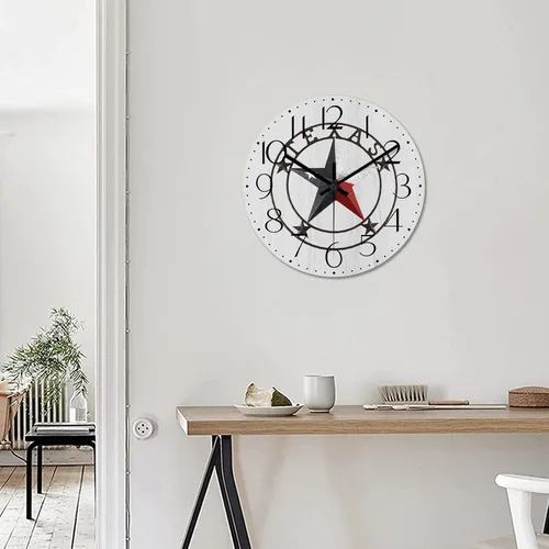 Vista 5 de Reloj de pared redondo estilo clásico con estrella de Texas occidental, reloj de madera, silencioso, sin tictac, funciona con pilas, fácil de leer