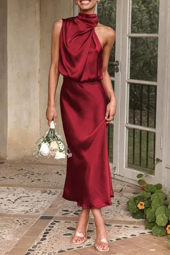 Vista 7 de PRETTYGARDEN Vestido de satén de verano 2024 para mujer, elegante, sin mangas, con cuello alto falso, para cóctel, fiesta, maxi vestidos