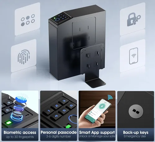 Vista 2 de Caja fuerte para armas, caja fuerte biométrica deslizante para pistola de mano, 4 formas de desbloqueo con huella digital, acceso por clave, código