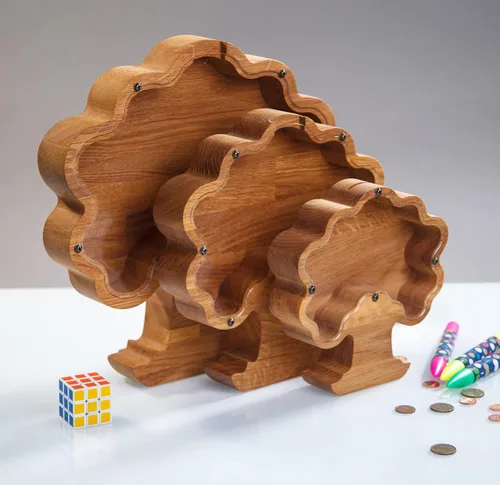 Vista 4 de Marco de caja de dinero de árbol bonsái de madera para adultos, niños, niñas, niños, regalos Montessori de madera, personalizable, banco de monedas