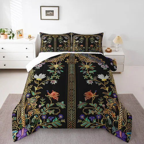 Vista 43 de Erosebridal Juego de ropa de cama damascada gótica para adultos, juego de edredón victoriano antiguo, edredón floral vintage gótico con diseño