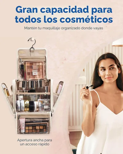 Vista 3 de BAGSMART Neceser de viaje para maquillaje con gancho para colgar, bolsa de cosméticos, organizador de gran capacidad, resistente al agua, para Beige