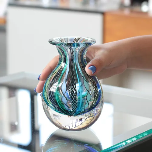 Vista 5 de Ca D Oro Florero Pequeño Boho con Cañas Azul/Verde Soplado a Mano Estilo Murano Art Glass - Modelo Nº 3