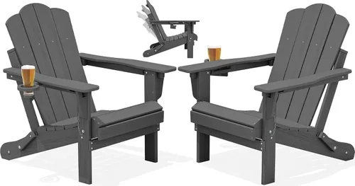 Vista 20 de Silla plegable ajustable KINGYES Adirondack, sillas reclinables Adirondack de 3 posiciones con portavasos, Adirondack de HDPE resistente a