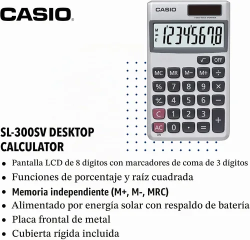 Vista 2 de Casio SL-300SV Calculadora de escritorio de función estándar Uso general Pantalla grande de 8 dígitos Tamaño de bolsillo Funciones