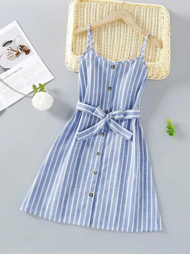 Vista 5 de Romwe Vestido de verano para niña con tirantes delgados botones frontales y cinturón