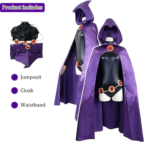 Vista 7 de TeenTitans-Raven - Disfraz de cosplay de lujo, con capa morada, uniforme de Halloween, disfraz de cosplay para mujer