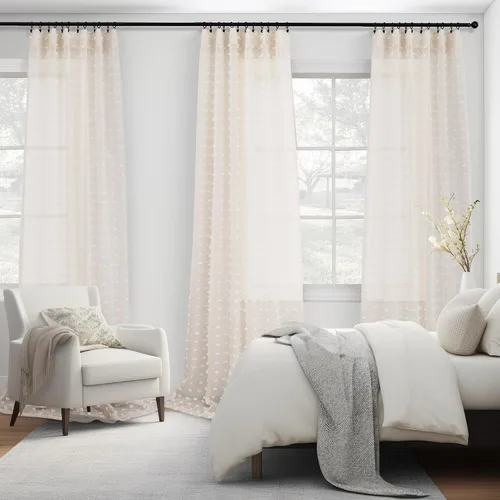 Vista 4 de Cortinas Beige Semitransparentes de 63 Pulgadas de Largo para Dormitorio, Sala de Estar, Guardería Infantil, Ventana con Diseño de Pompón