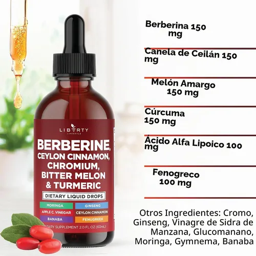 Vista 3 de Berberina con Suplemento de Canela de Ceilán Gotas Líquidas + Extracto de Melón Amargo, Glucomanano, Gymnema, Cromo, Cúrcuma, Panax Ginseng, Moringa
