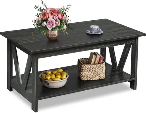 Vista 14 de WLIVE - Mesa de café con estante de almacenamiento, mesa de café granja de 39.4" con soporte en V, mesa de centro rústica de 2 niveles para sala