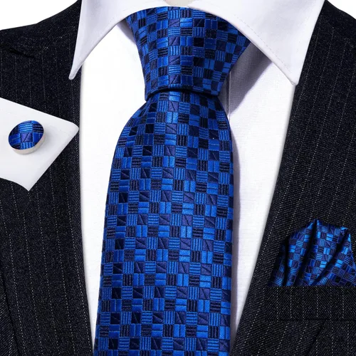 Vista 111 de Barry.Wang Juego de corbatas a cuadros para hombre con pañuelo gemelos de rayas clásicas