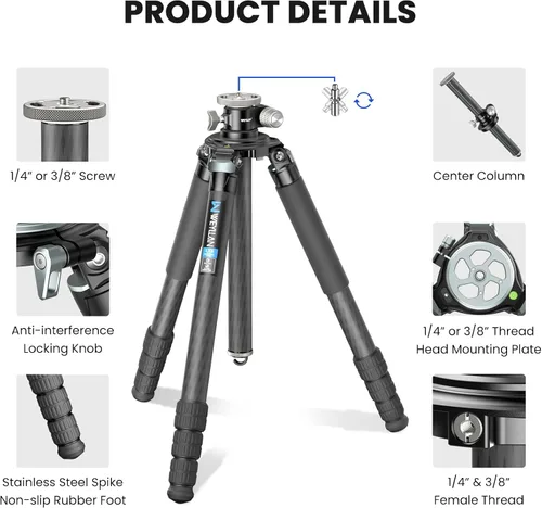 Vista 4 de Trípode horizontal de fibra de carbono WEYLLAN LX9 Trípode resistente para cámara, trípode de cámara profesional superior con brazo de extensión