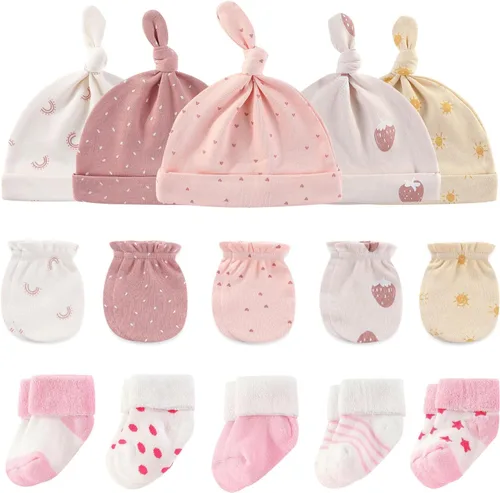 Vista 17 de Ruliby Conjunto de Gorros, Manoplas y Calcetines para Bebé de Algodón, Gorro Beanie Suave para Recién Nacidos, Gorros Guantes para Niñas y Niños 0-6