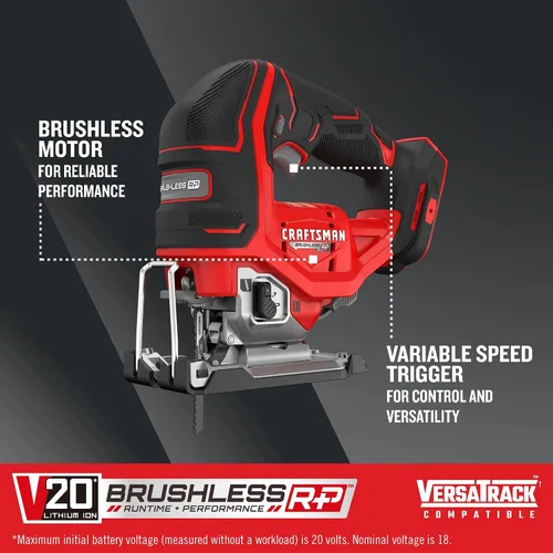Vista 3 de CRAFTSMAN V20 RP - Sierra de calar inalámbrica, 3 ajustes orbitales, hasta 3,200 SPM, velocidad variable sin llave, solo herramienta (CMCS650B)