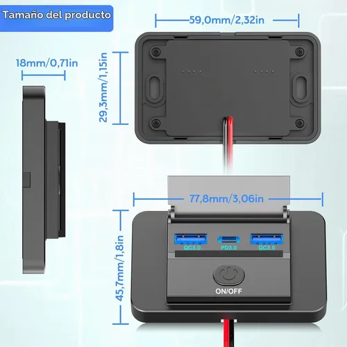 Vista 7 de 72W 12V Panel de salida USB de montaje en pared, cargador de puerto USB de coche de 36W USB C y doble QC 3.0 de 18W con interruptor de botón, salida