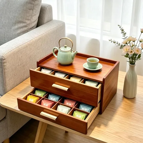 Vista 6 de Organizador de bolsas de té de madera con paspartú, bolsa de almacenamiento de té de madera, soporte para caja de té de doble cajón con 20