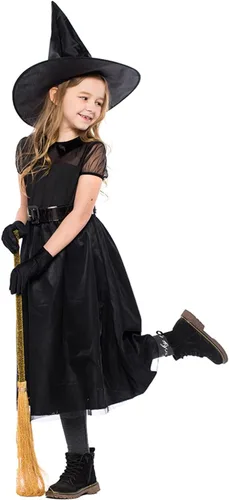 Vista 4 de FANCYINN Halloween Witch Costume for Girl Black Gauze Crazy Cosplay Costume Pretend Play Dress Up Deluxe Set with Hat 2-13T